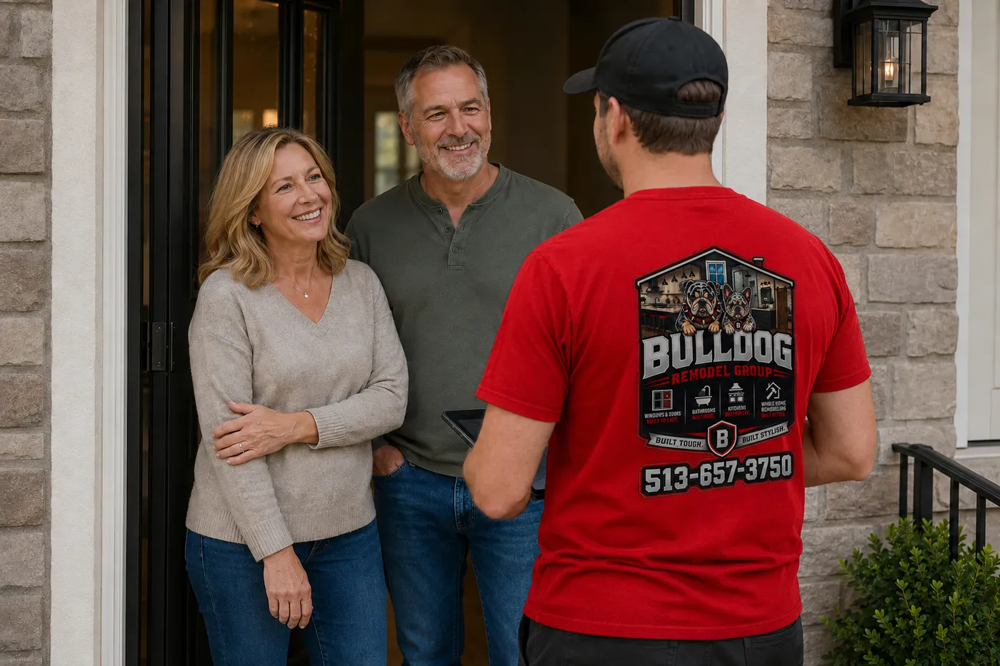 Bulldog Remodel Group team member meeting homeowners at their front door for a consultation
