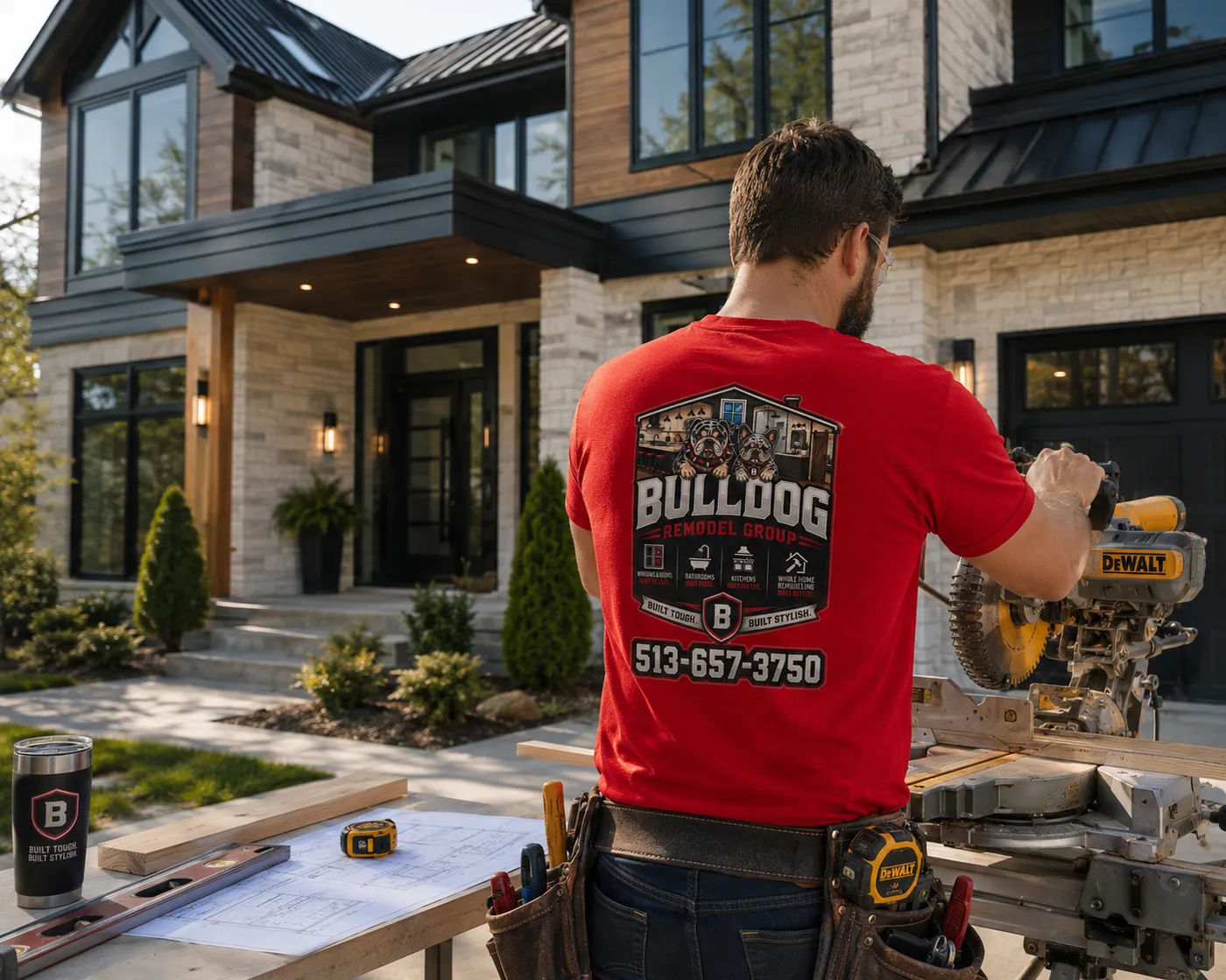 Bulldog Remodel Group carpenter cutting lumber in front of a modern custom home under construction