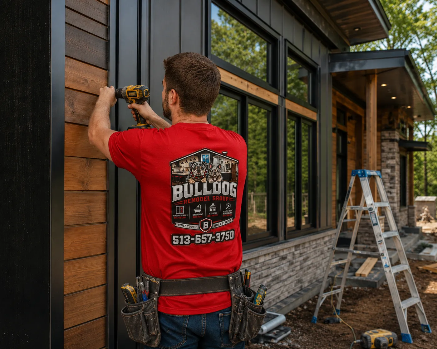 Bulldog Remodel Group technician installing wood siding on an accessory dwelling unit (ADU) exterior