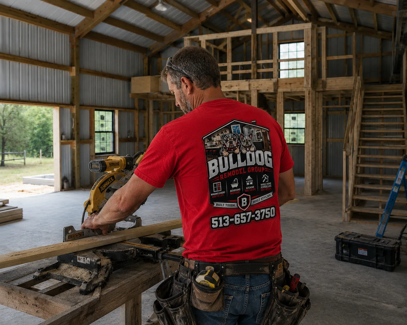 Bulldog Remodel Group carpenter cutting lumber on a miter saw inside a barndominium build