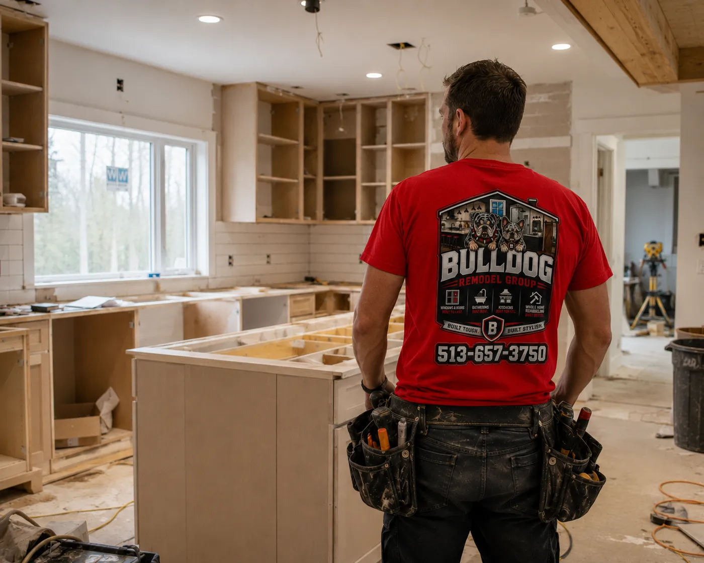 Bulldog Remodel Group technician in a kitchen mid-remodel with cabinets being installed