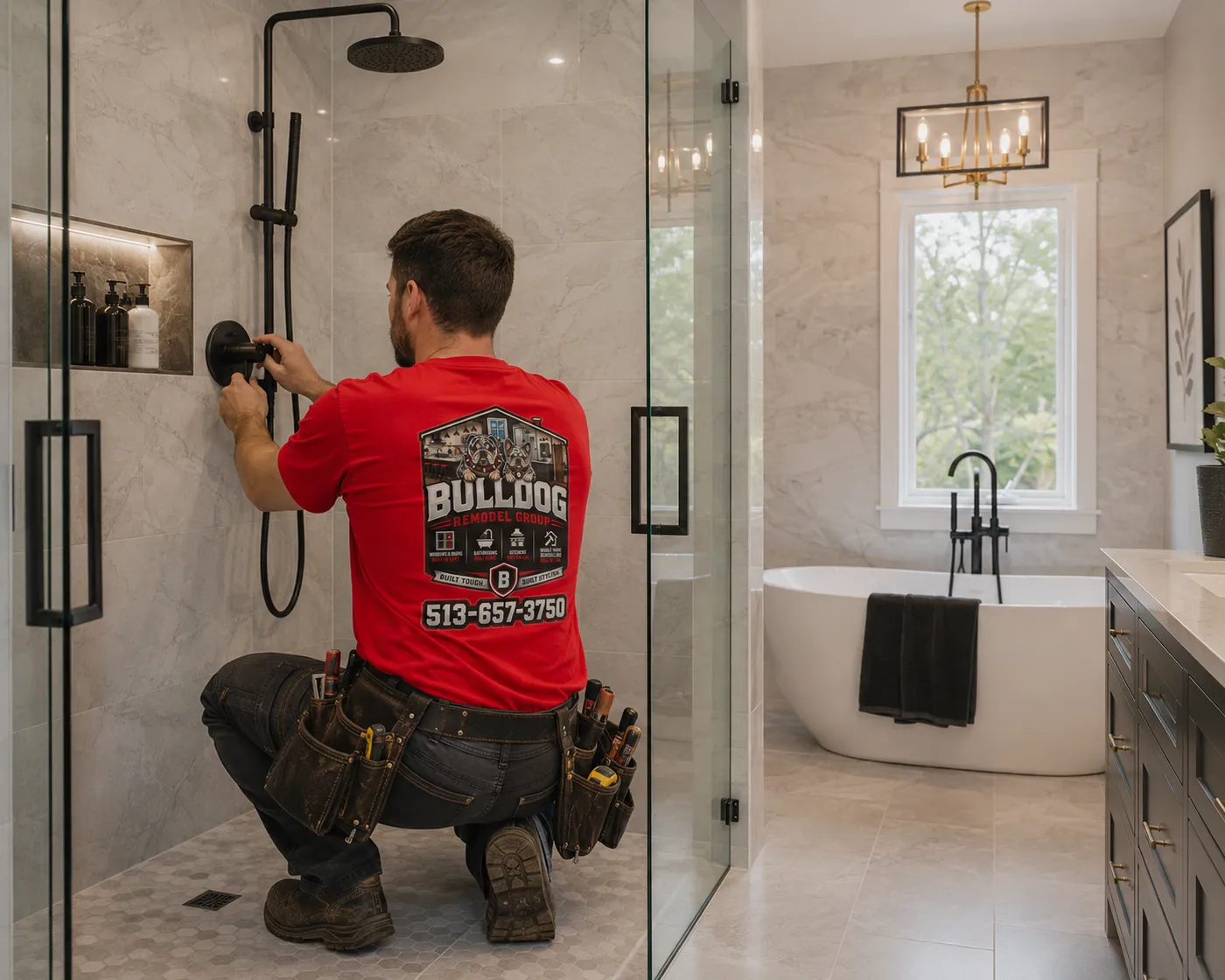 Bulldog Remodel Group technician installing a shower fixture in a tiled walk-in shower beside a freestanding tub